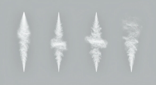 White spindle-shaped spray or mist patterns. Water spray mist atomizer dust aerosol, air atomizer sprayer on gray background.
