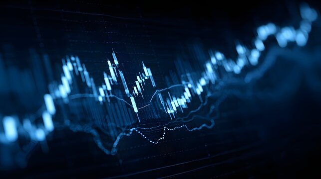 Financial data visualization showcasing fluctuations, trends, and analysis presented in a modern, digital graphical interface with shades of blue representing market movement and economic indicators.