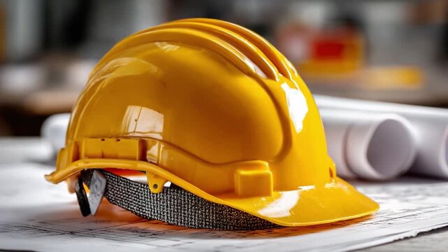 Safety First: Close-up of a yellow safety helmet on top of blueprint rolls, signifying protection, safety and industry readiness.