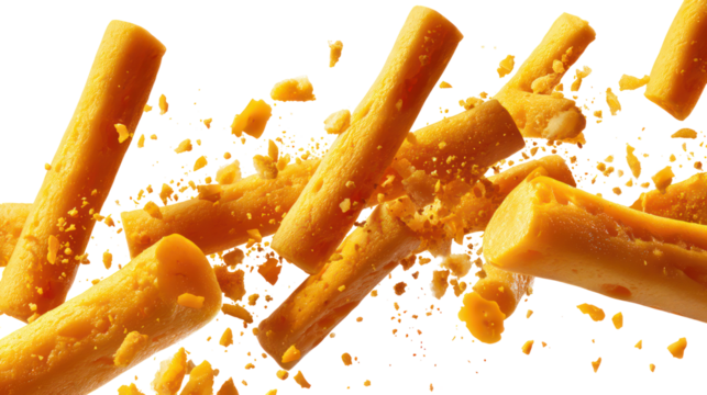 Crunchy cheese puffs floating isolated on transparent background