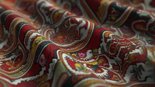 Detailed close-up of a luxurious red and gold Paisley patterned fabric, showcasing its intricate traditional design and soft, elegant folds