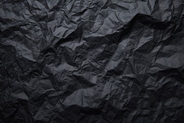 Black crumpled plastic wrap texture with long folds and subtle scratches, abstract black and white background design for modern composition, minimal surface pattern with soft shadows, clean focus and 