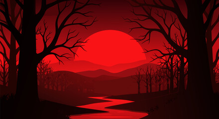 Eerie red sunset over a mysterious forest river, a perfect spooky Halloween background with empty space for your text or design