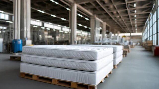 Rows of white mattresses on pallets inside a large industrial warehouse.