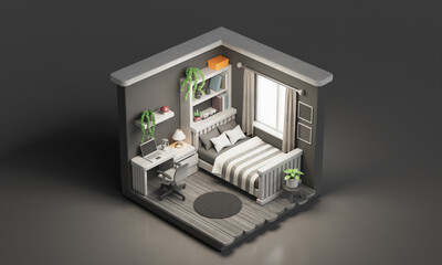 아이소메트릭 모던 아늑한 침실 인테리어 Isometric Modern Cozy Bedroom Interior