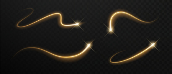 Magic gold star trail collection. Glowing swirl light line with sparkle flare vector realistic design