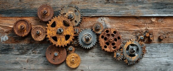 Old, rusted gears arranged on weathered wooden planks, showcasing industrial decay