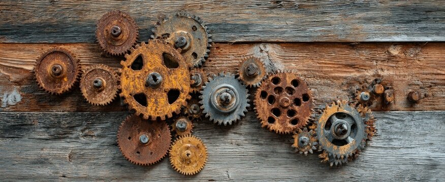 Old, rusted gears arranged on weathered wooden planks, showcasing industrial decay