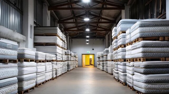 A large warehouse with stacks of mattresses on pallets lining both sides of a central aisle.