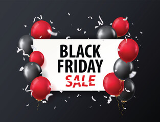 Black friday sale design with black, red balloons and silver confetti
