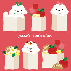 Sweet poodles peeking out of grocery bags filled with flowers, fruits, and bread, radiating cozy charm.