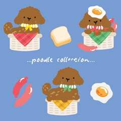 Cute brown poodles in baskets with breakfast treats like eggs, toast, and sausages, blending food and fluff.