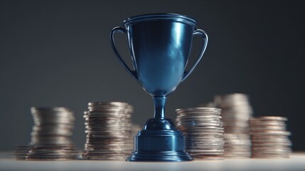 A shiny blue trophy stands proudly amidst stacks of coins, symbolizing success and achievement in a competitive environment.