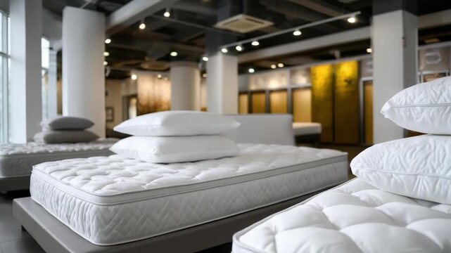 A mattress store showroom with rows of white mattresses and pillows stacked on platforms.
