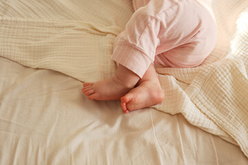 Cropped shot of cute little baby feet. Copy space, background.