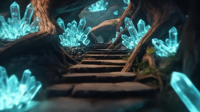 Luminous crystal formations within ancient root structures