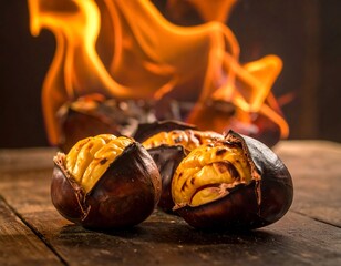 Roasted chestnuts on a wooden table, flames in the background