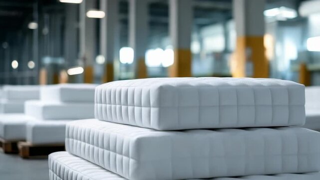 Stacks of white mattresses on pallets in a large warehouse.