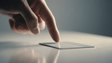 A close-up of a human hand pressing a finger against a sleek credit card on a minimalistic surface.