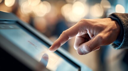A close-up of a person's hand interacting with a touchscreen device in a modern, softly lit environment.