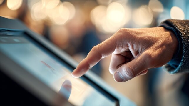 A close-up of a person's hand interacting with a touchscreen device in a modern, softly lit environment.