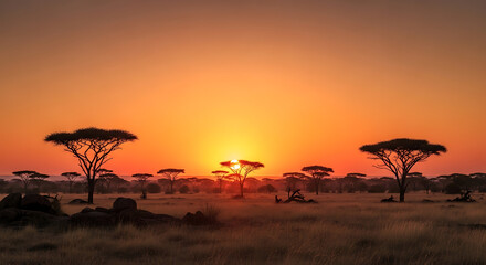 Naklejka premium Majestic African Savanna Sunset with Silhouetted Acacia Trees