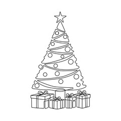 Outline of the profile of a christmas tree with presents in one line. Christmas and New Year