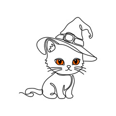 Outline of the profile of a chibi a kitten in a witch's pointy hat in one line. Cute Halloween illustration. 