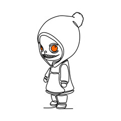 Outline of the profile of a chibi creepy doll in one line. Cute Halloween illustration. Funny monster