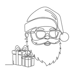 Outline of a profile of a smiling Santa Claus head with presents in one line. Christmas and New Year