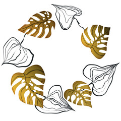 Circle floral frame with colorful monstera leaves on white background. Ornate border with tropic branches. Vector hand drawn illustration for wallpaper, posters, card. Doodle style. Copy space.