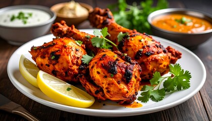 Roasted chicken drumsticks with sauces and lemon slices