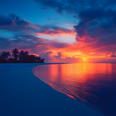 Island in the ocean with Silhouetted palm trees framing vibrant sunset colors, illuminating tropical ocean waters with warm golden-orange light