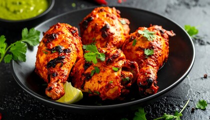 Roasted chicken drumsticks with a spicy marinade, garnished with cilantro and lime