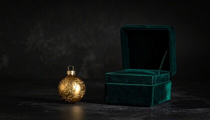 Golden ornament beside velvet jewelry box in dark moody lighting.