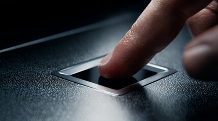 A close-up of a finger about to touch a sleek, modern biometric fingerprint scanner against a dark background.
