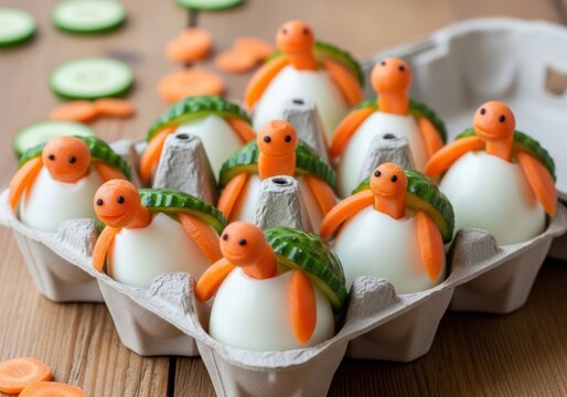 Cute boiled egg turtles with carrot and cucumber decorations arranged in an egg carton