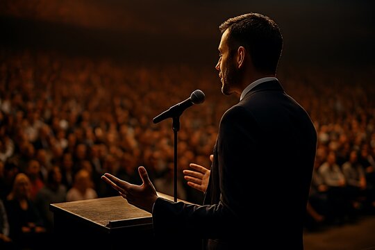 A man in a dark suit speaks into a microphone on a stage, gesturing with his hands to a large, seated audience in a dimly lit auditorium
