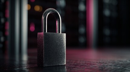 A shiny, metallic padlock stands prominently on a textured surface, surrounded by a soft pink and purple glow.