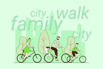 Family enjoying leisurely bike ride through city park, surrounded by greenery and tall buildings. Everyone smiling while pedaling along path during sunny day