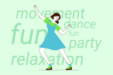Joyful person dancing in blue dress, celebrating fun and relaxation at lively party. Movement and enjoyment concept