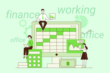 Scene showing three individuals engaged in financial tasks. One person sitting on computer, another typing on laptop, and third analyzing graphs. Productivity concept