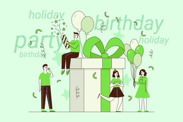 Friends gathering for birthday party. They enjoying balloons, gifts, and festive decorations, all in cheerful green tones, creating joyful atmosphere