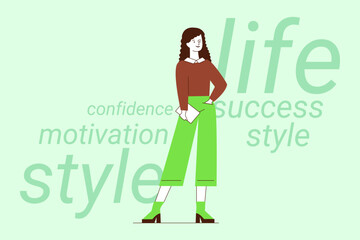 Confident woman standing stylishly in green attire, combining motivation and success. Keywords in background highlighting themes of life and inspiration