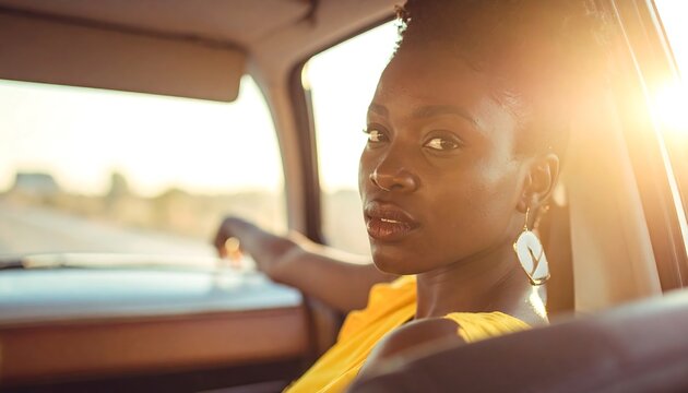 Fototapeta Woman in a yellow dress in a vintage car