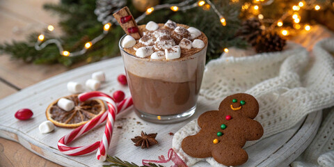 Steaming mug of hot chocolate topped with marshmallows and cinnamon paired with gingerbread man and candy cane on festive wooden board for holiday setting.