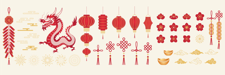 Chinese New Year elements. Geometric icons, symbol for festival. Vector illustration of dragon, lanterns, flowers, firework, cloud, firecrackers. Golden templates border, card.