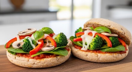 Healthy vegetarian burgers with fresh broccoli, bell pepper, mushrooms, basil, and spinach on a bun