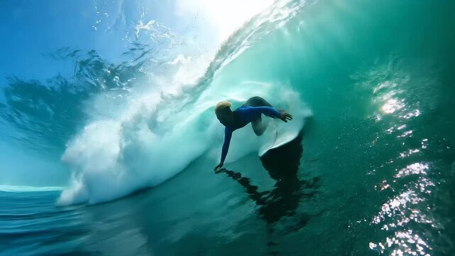 Surfer on surfboard riding powerful wave in ocean