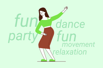 Cheerful woman dancing joyfully, expressing fun and relaxation. She moving gracefully in lively atmosphere, showcasing spirit of party and joy of movement